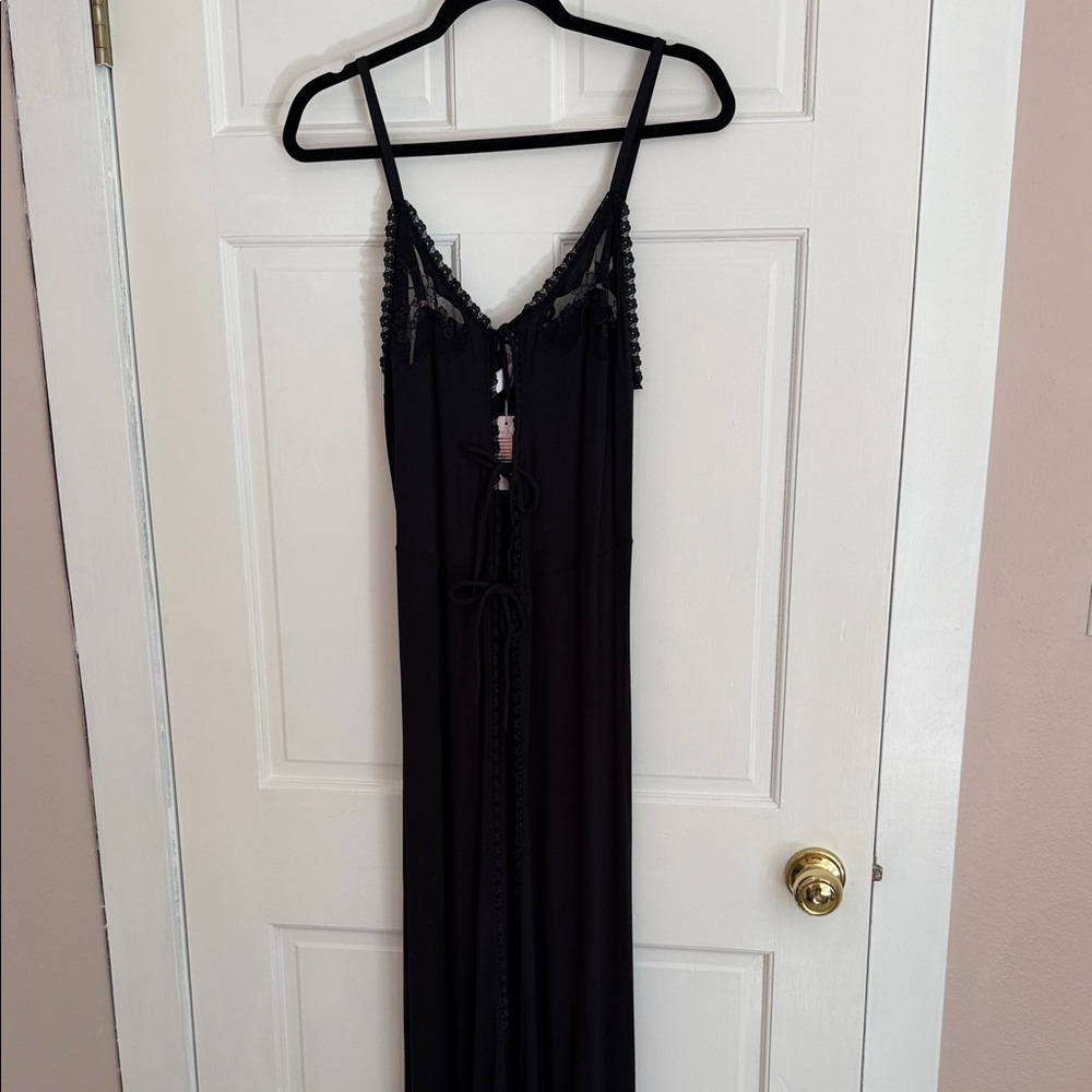 NWT Savage Fenty Black Lace-Trim Maxi Slip Dress Size L